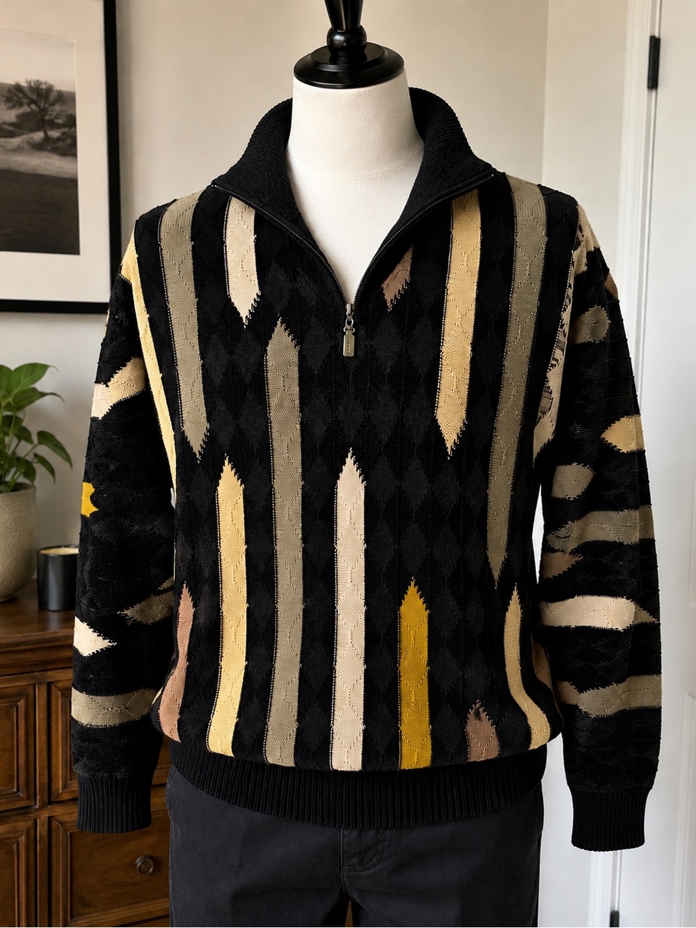 🐿️ Y2K Tundra Coogi Style Abstract Knit Quarter Zip Pullover XL